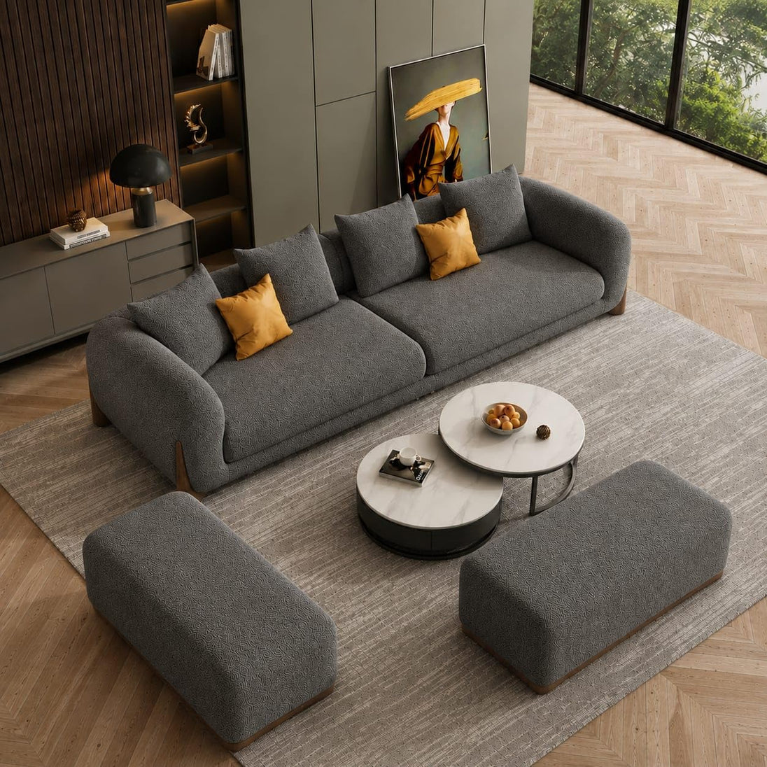 Dark Grey Chesterfield sofa set – 3 Seater + Ottoman Set, Antique Wood Hub