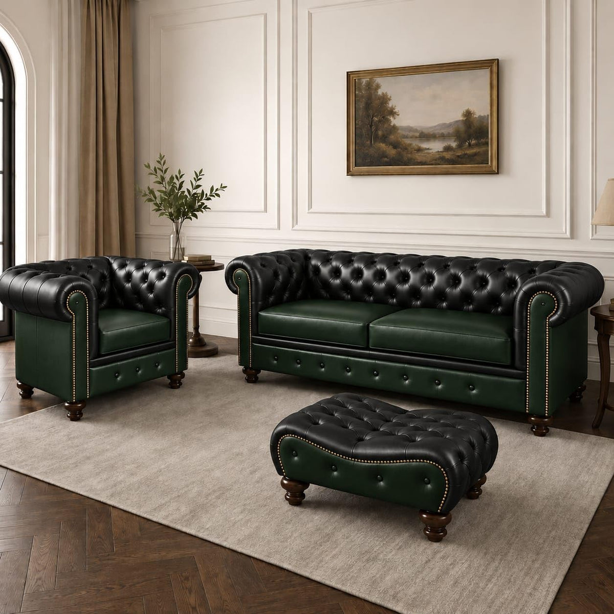 Antique Wood Hub Chesterfield leatherette 3+1 sofa set with ottoman – Green + Black colour
