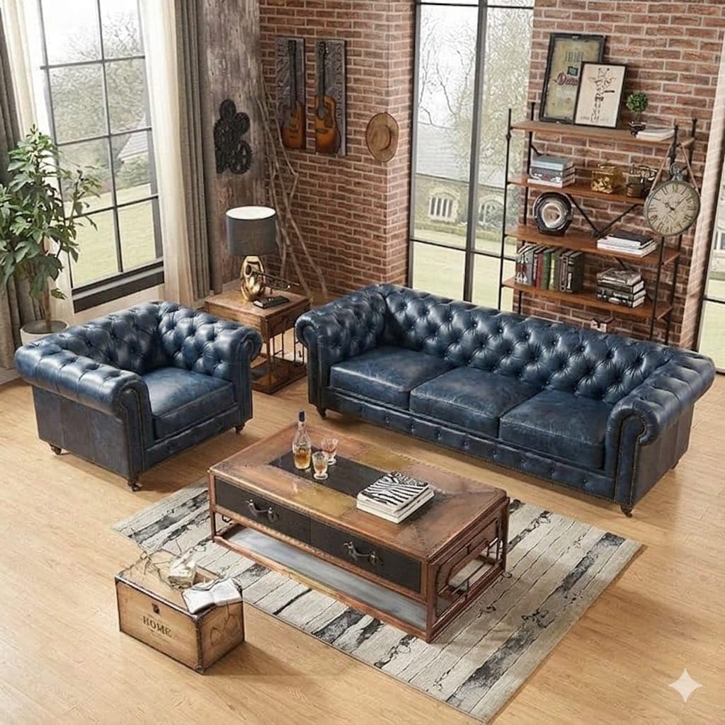 Antique Wood Hub Chesterfield sofa in Blue Leatherette, 3+1 = 4 Seater Sofa