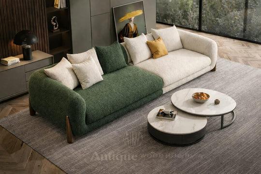 Antique Wood Hub sofa in Green + Off White Boucle, 3 Seater Sofa