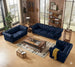 Antique Wood Hub Chesterfield sofa in Blue Leatherette, 3+2+1 = 6 Seater Sofa