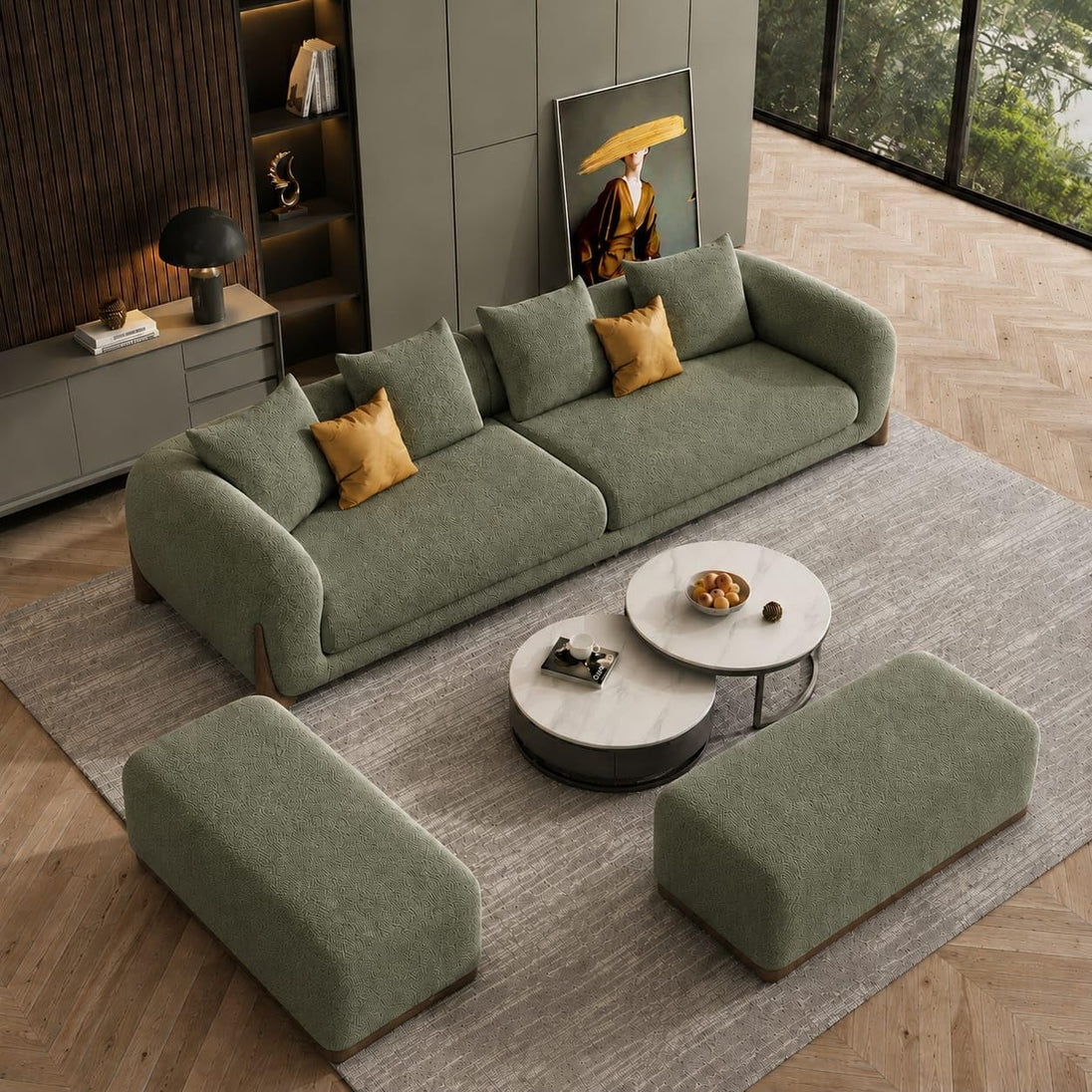 Green Chesterfield sofa set – 3 Seater + Ottoman Set, Antique Wood Hub