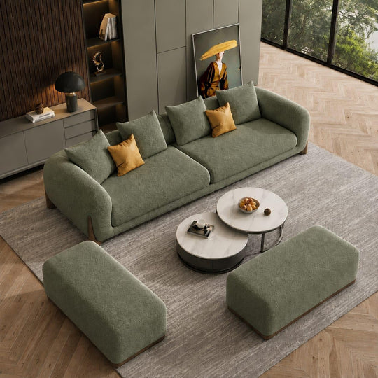 Green Chesterfield sofa set – 3 Seater + Ottoman Set, Antique Wood Hub
