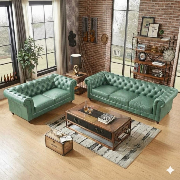 Antique Wood Hub Chesterfield sofa in Mint Green Leatherette, 3+2 = 5 Seater Sofa