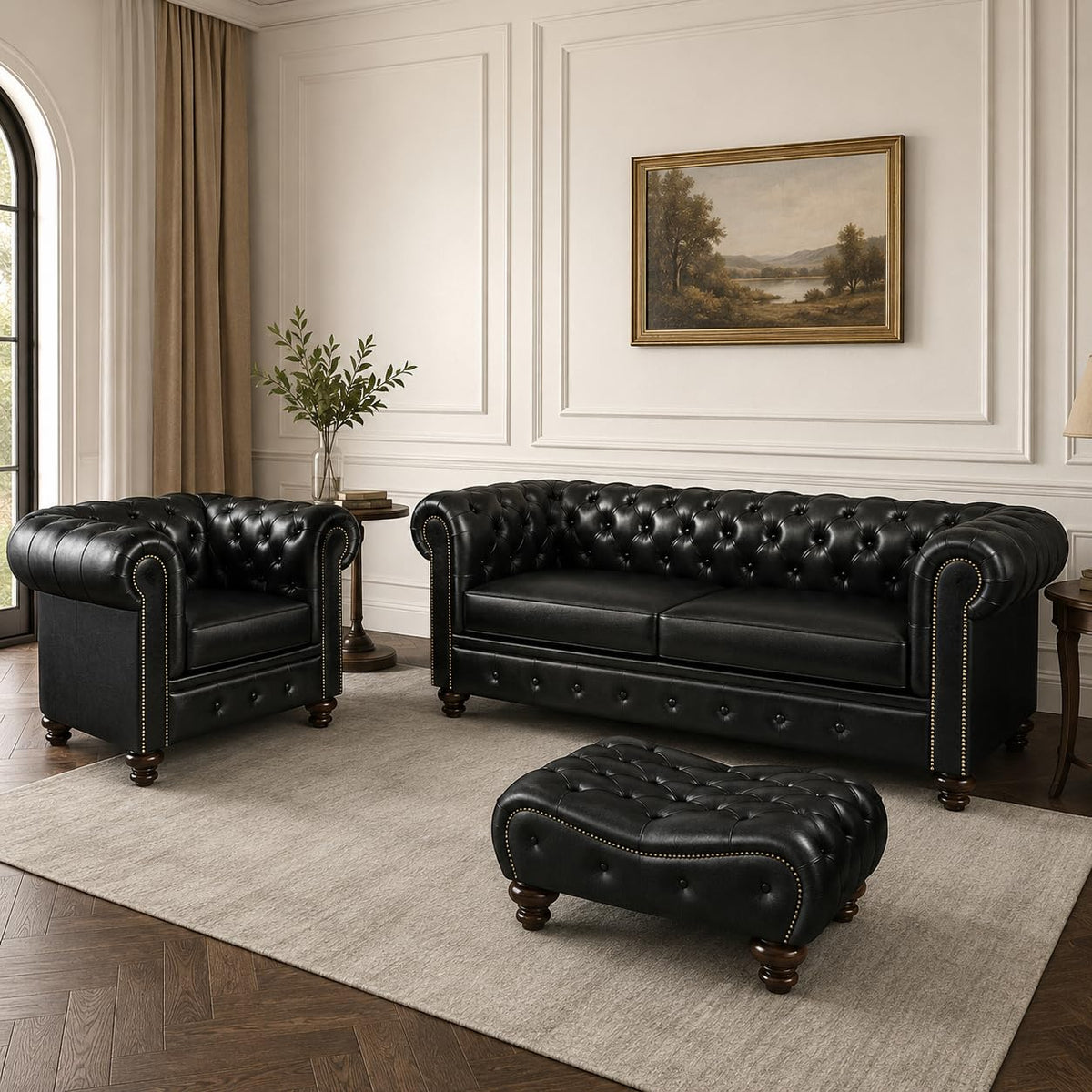 Antique Wood Hub Chesterfield leatherette 3+1 sofa set with ottoman – Black colour