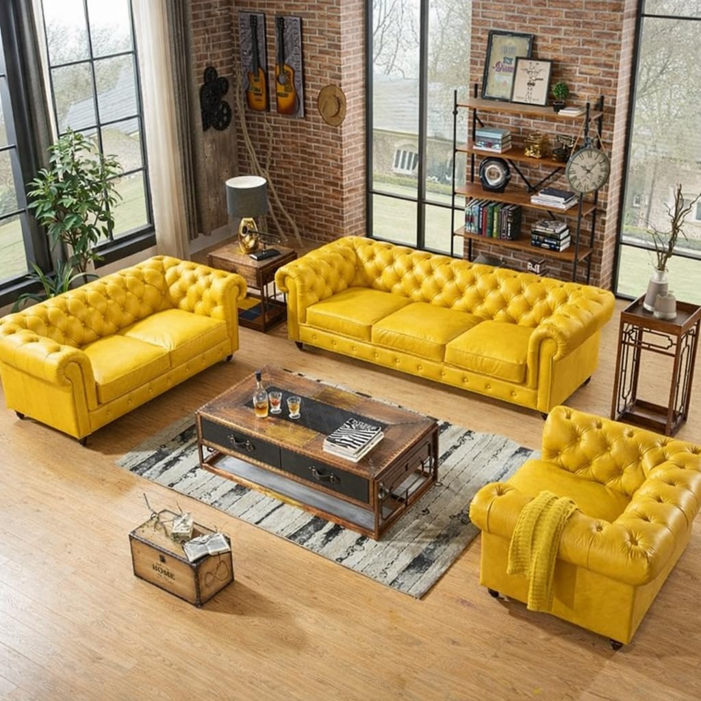 Antique Wood Hub Chesterfield sofa in Yellow Leatherette, 3+2+1 = 6 Seater Sofa