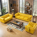 Antique Wood Hub Chesterfield sofa in Yellow Leatherette, 3+2+1 = 6 Seater Sofa