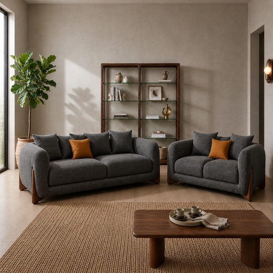 Antique Wood Hub sofa in Dark Grey Boucle, 3+2 = 5 Seater Sofa