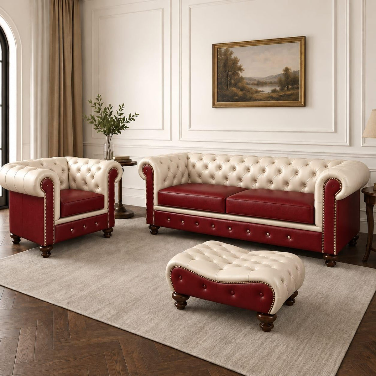 Antique Wood Hub Chesterfield leatherette 3+1 sofa set with ottoman – Ivory + Cherry colour