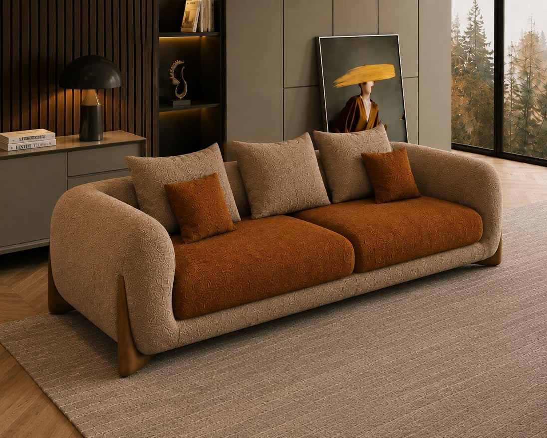 Antique Wood Hub Chesterfield sofa – Rust Brown and Taupe detail view 4