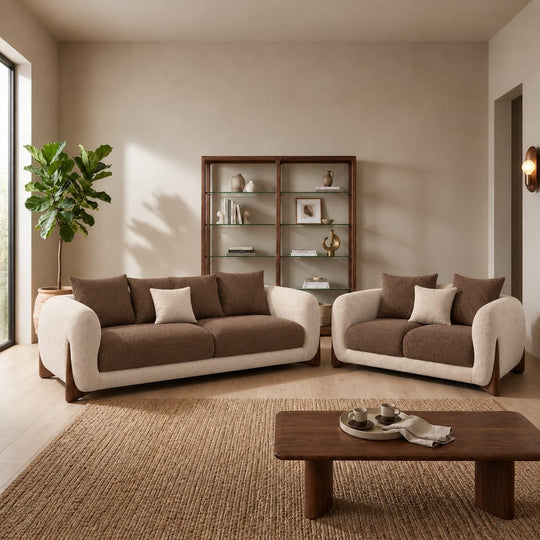 Antique Wood Hub sofa in Beige + Coffee Boucle, 3+2 = 5 Seater Sofa