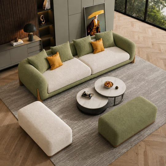 Olive Green & Off White Chesterfield sofa set – 3 Seater + Ottoman Set, Antique Wood Hub