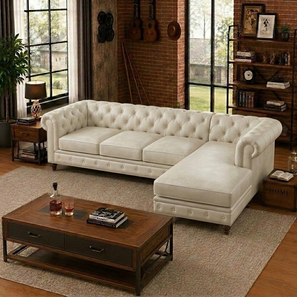 Antique Wood Hub 5-seater Chesterfield L-shaped leatherette sofa in Off White