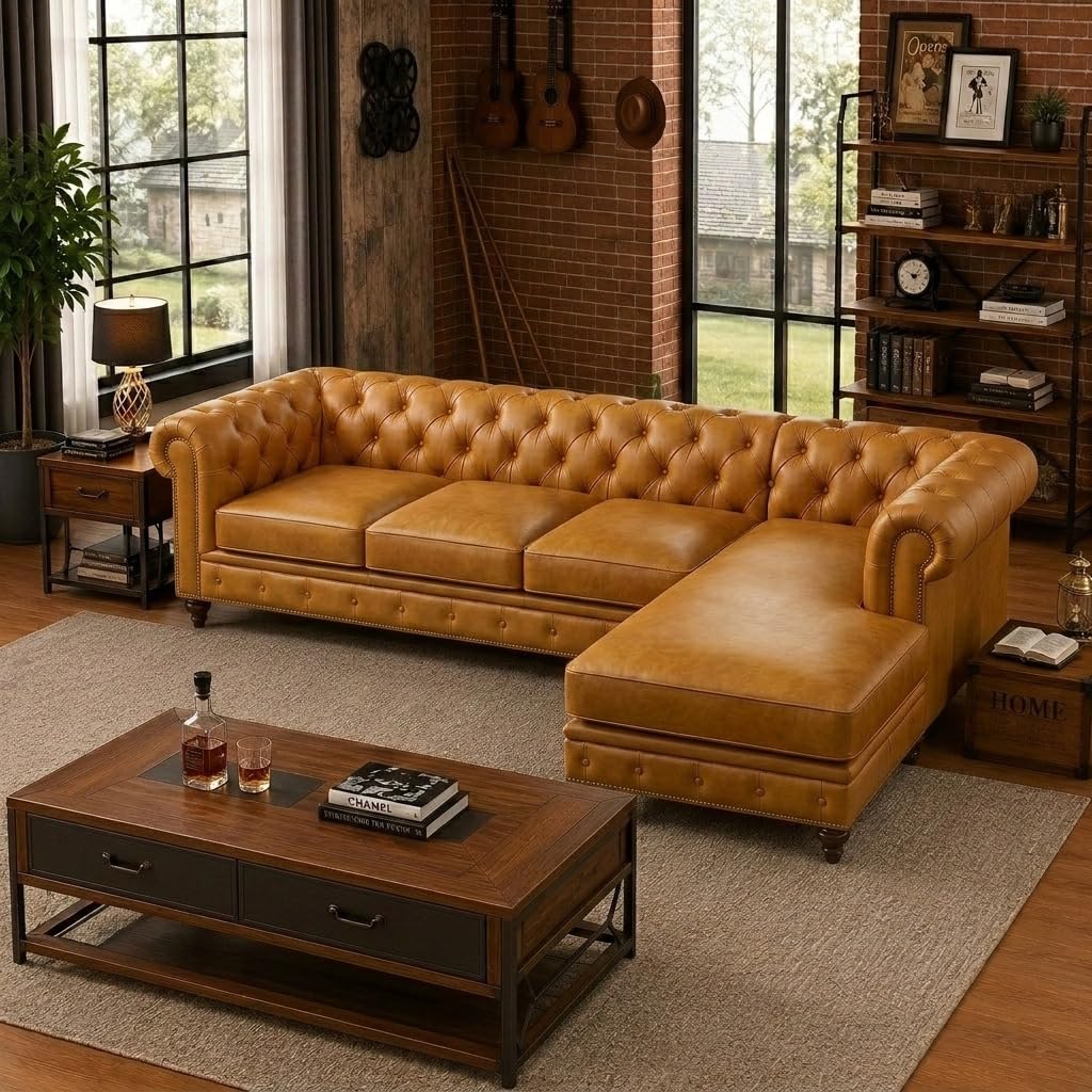 Antique Wood Hub 5-seater Chesterfield L-shaped leatherette sofa in Mustard