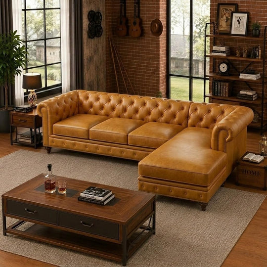 Antique Wood Hub 5-seater Chesterfield L-shaped leatherette sofa in Mustard