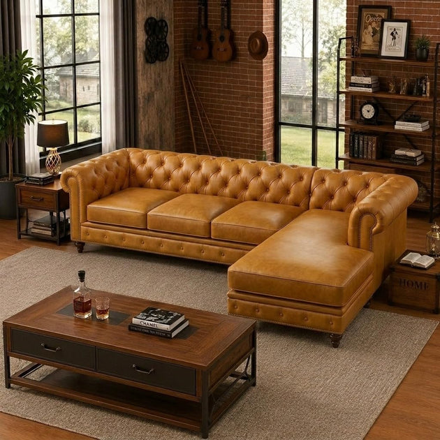 Antique Wood Hub 5-seater Chesterfield L-shaped leatherette sofa in Mustard