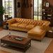 Antique Wood Hub 5-seater Chesterfield L-shaped leatherette sofa in Mustard