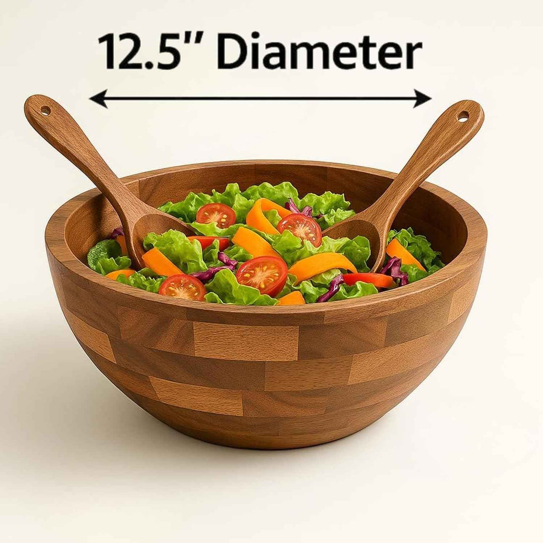 Acacia Wood Salad Bowl Set with 2 Serving Spoons | Large Wooden Fruit & Pasta Bowl | Rustic Kitchen Serving Bowl
