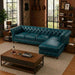 Antique Wood Hub 5-seater Chesterfield L-shaped leatherette sofa in Teal