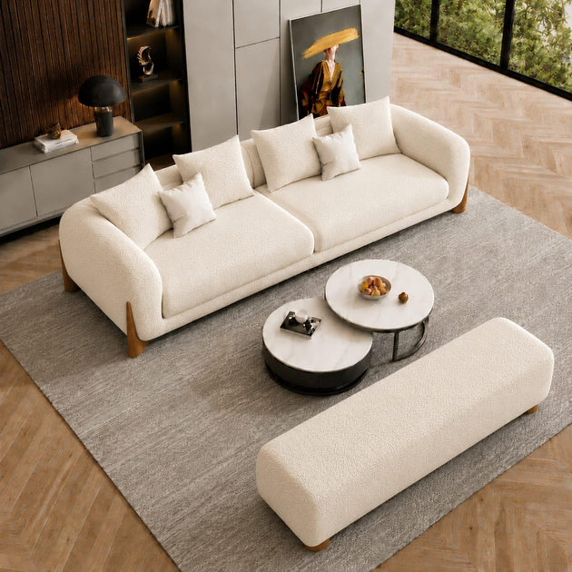 Off White Chesterfield sofa set – 3 Seater + Bench, Antique Wood Hub