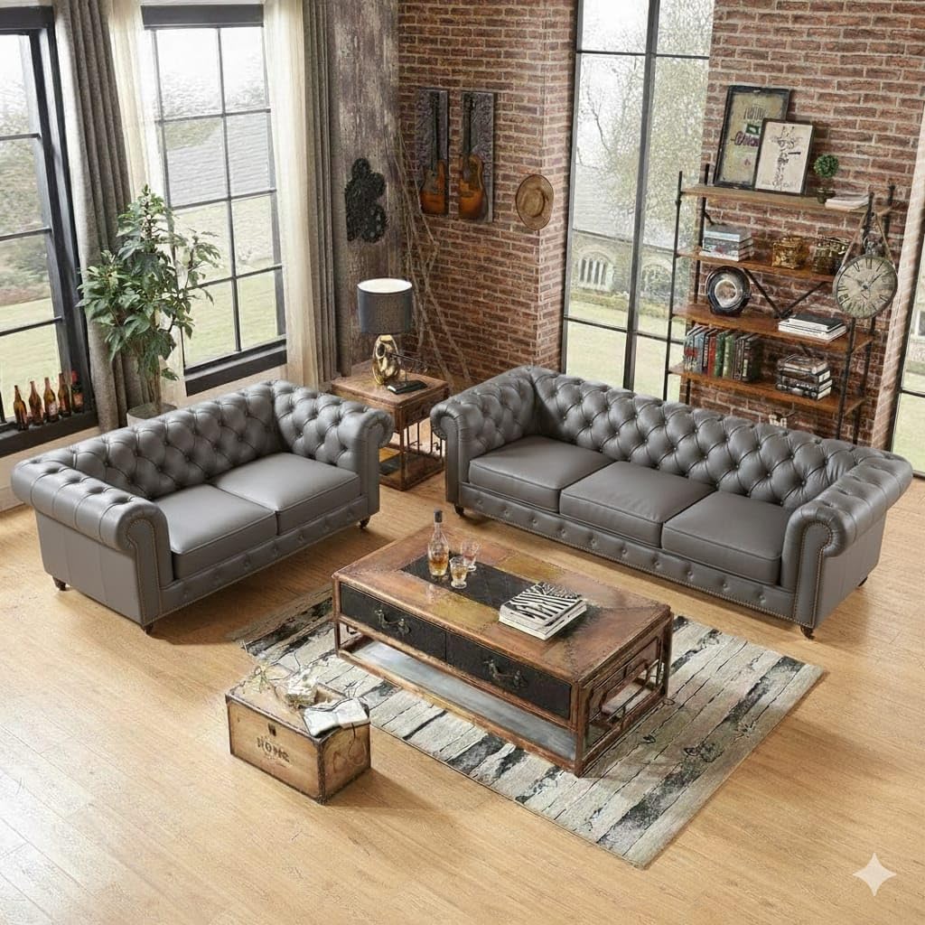 Antique Wood Hub Chesterfield sofa in Grey Leatherette, 3+2 = 5 Seater Sofa
