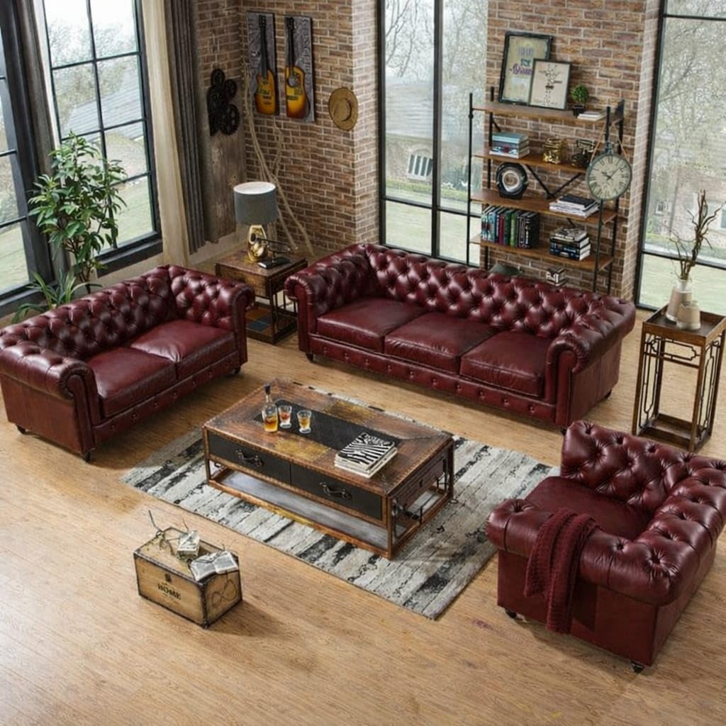 Antique Wood Hub Chesterfield sofa in Maroon Leatherette, 3+2+1 = 6 Seater Sofa