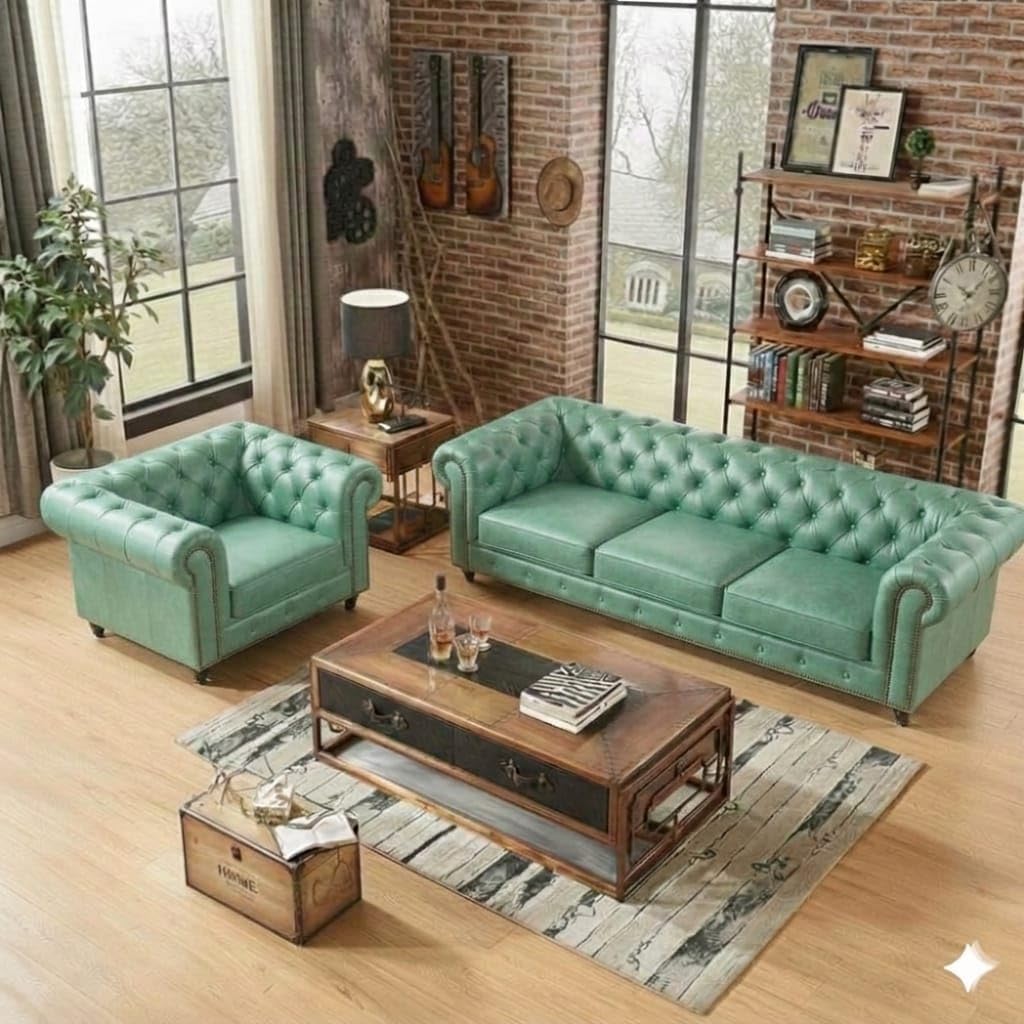 Antique Wood Hub Chesterfield sofa in Mint Green Leatherette, 3+1 = 4 Seater Sofa