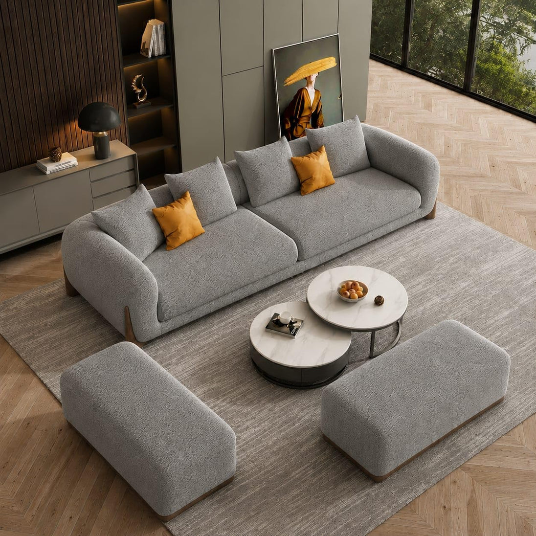 Light Grey Chesterfield sofa set – 3 Seater + Ottoman Set, Antique Wood Hub