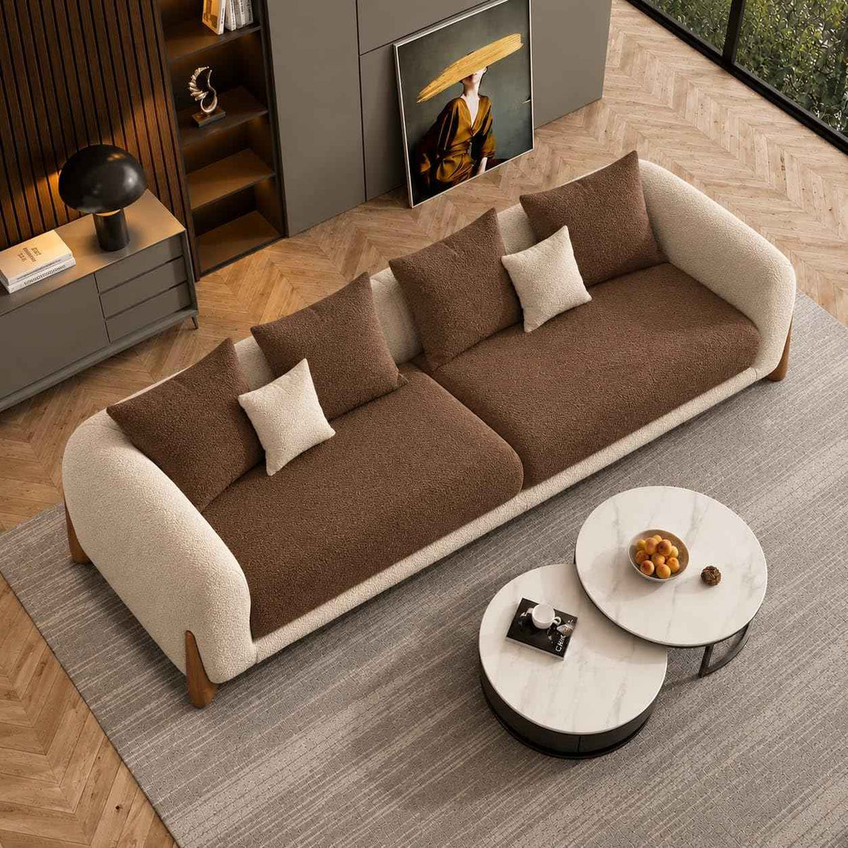 Antique Wood Hub - Modern Boucle Sofa, Teddy Fabric, Solid Wooden Legs, for Living Room, Bedroom, Hallways