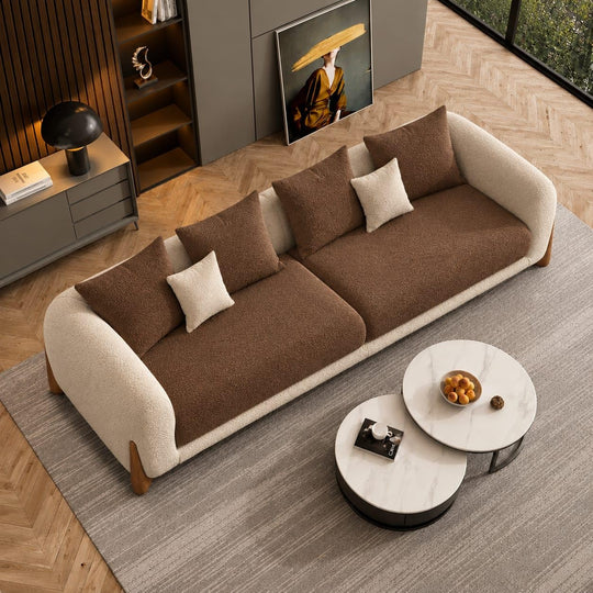 Antique Wood Hub sofa in Beige + Coffee Boucle, 3 Seater Sofa
