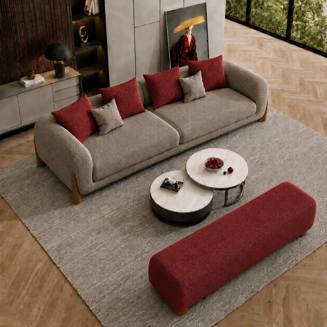 Taupe & Maroon Chesterfield sofa set – 3 Seater + Bench, Antique Wood Hub