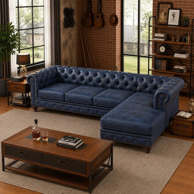 Antique Wood Hub 5-seater Chesterfield L-shaped leatherette sofa in Blue