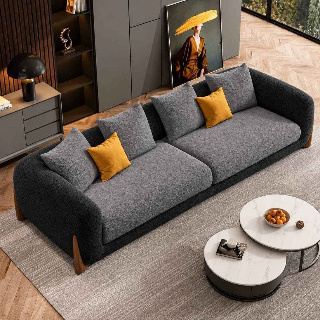 Antique Wood Hub - Modern Boucle Sofa, Teddy Fabric, Solid Wooden Legs, for Living Room, Bedroom, Hallways