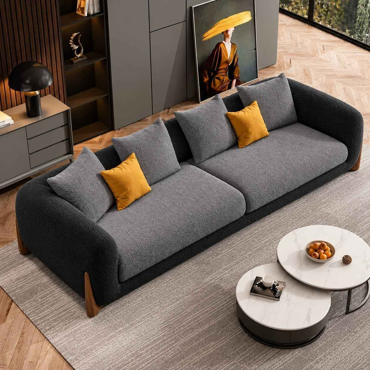 Antique Wood Hub - Modern Boucle Sofa, Teddy Fabric, Solid Wooden Legs, for Living Room, Bedroom, Hallways