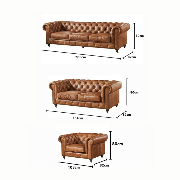 Dimensions of a brown leather sofa set on a white background