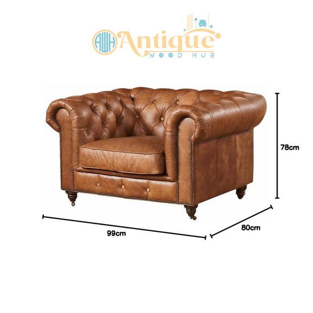 Brown leather sofa with dimensions on a white background, featuring the 'Antique Wood Hub' brand.