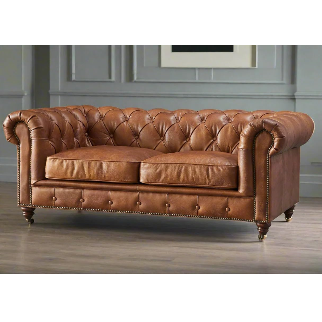 Luxurious Handcrafted Chesterfield Tan Leatherette Sofa – Tufted Back, Rolled Arms Nailhead Trim for Timeless Elegance