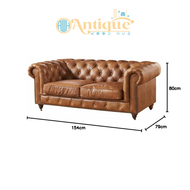Brown leather sofa with dimensions on a white background, featuring the 'Antique Wood Hub' brand.