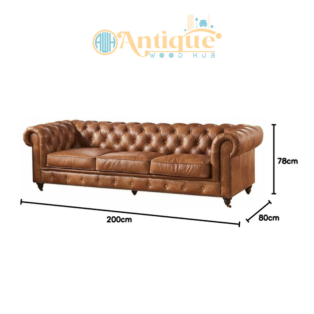 Brown leather sofa with dimensions on a white background, featuring the 'Antique Wood Hub' brand.
