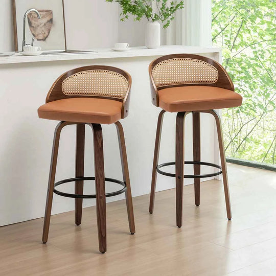 Mid-Century Modern Swivel Bar Stool – 30" Rattan Back Barstool with Cushioned Seat