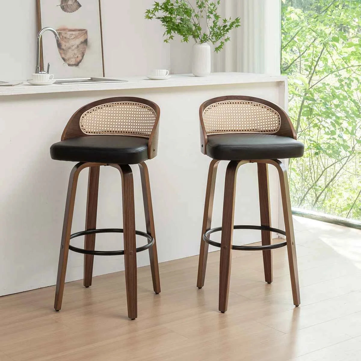 Mid-Century Modern Swivel Bar Stool – 30" Rattan Back Barstool with Cushioned Seat