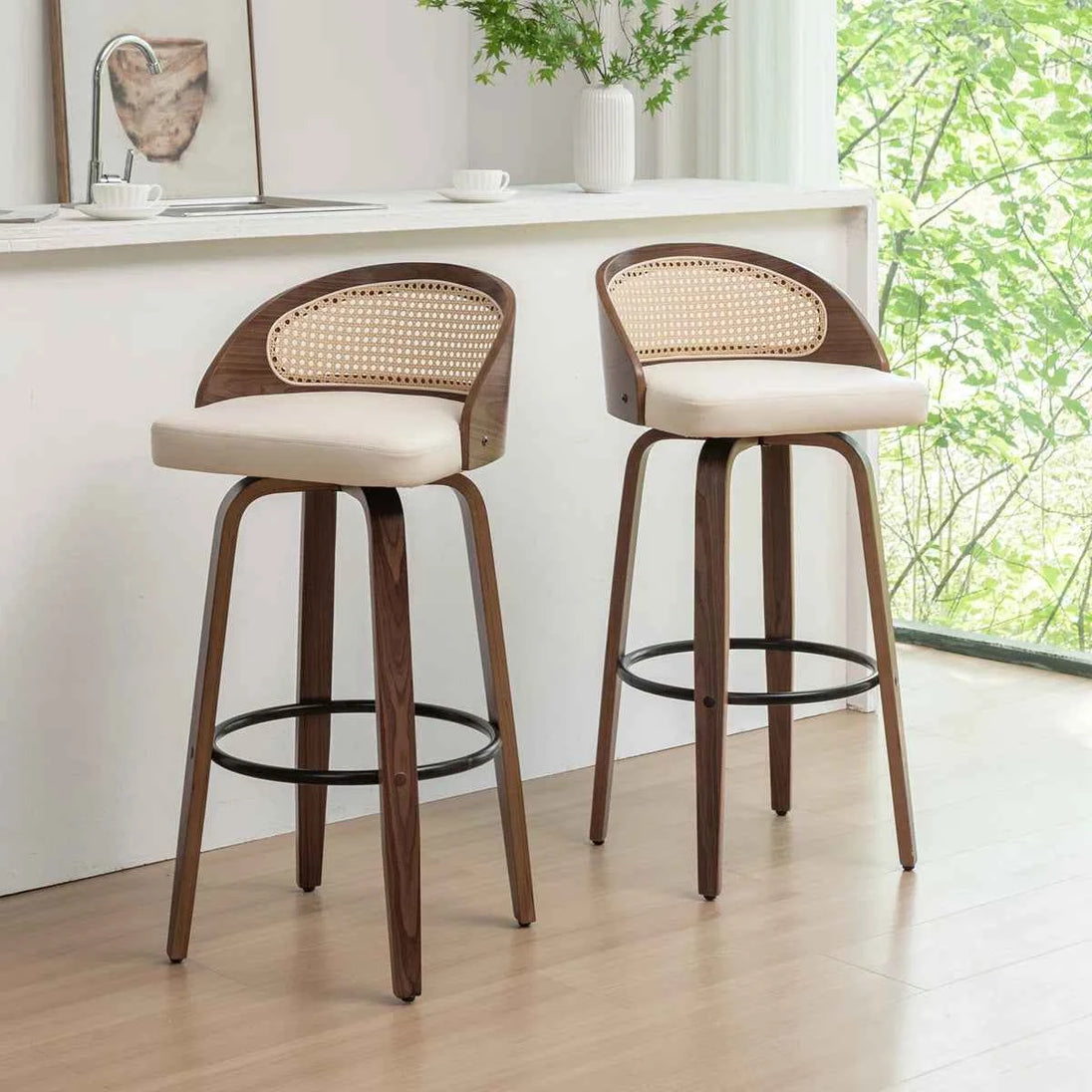 Mid-Century Modern Swivel Bar Stool – 30" Rattan Back Barstool with Cushioned Seat