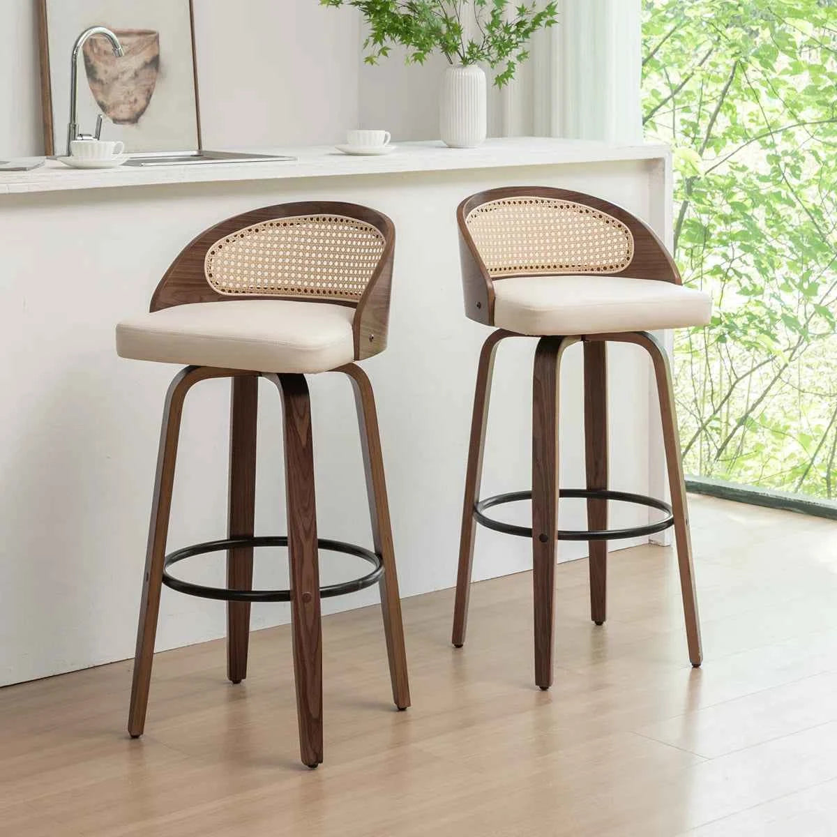 Mid-Century Modern Swivel Bar Stool – 30" Rattan Back Barstool with Cushioned Seat
