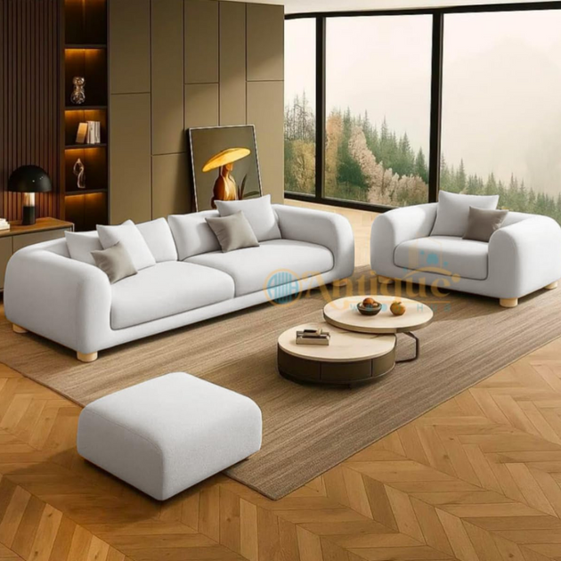 Modern living room with white sofa, armchair, and ottoman on a wooden floor.