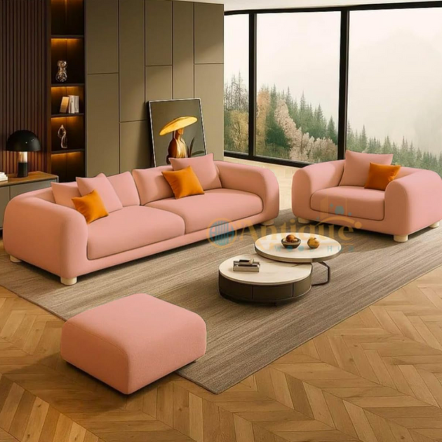 Modern living room with pink sofas and decor
