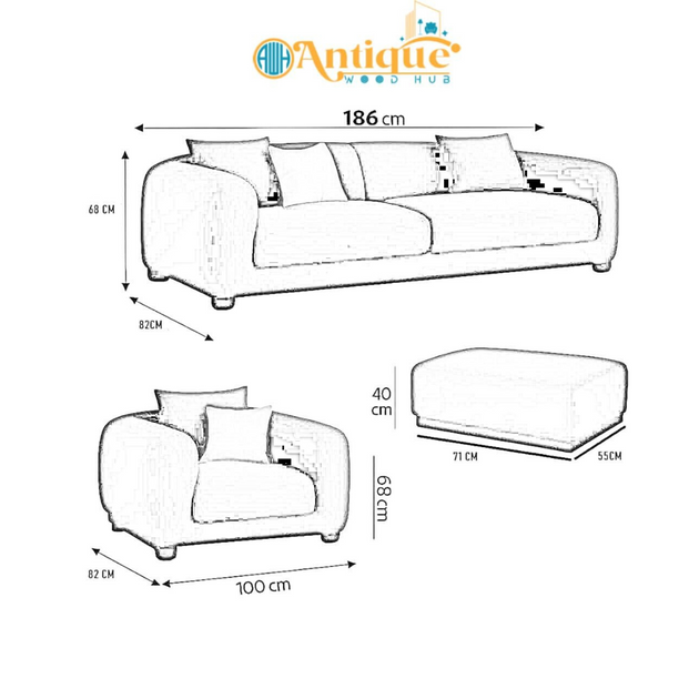 Sofa set with dimensions labeled on a white background