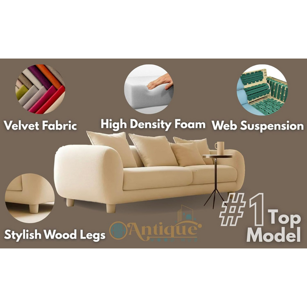 Beige sofa with features highlighted on a brown background