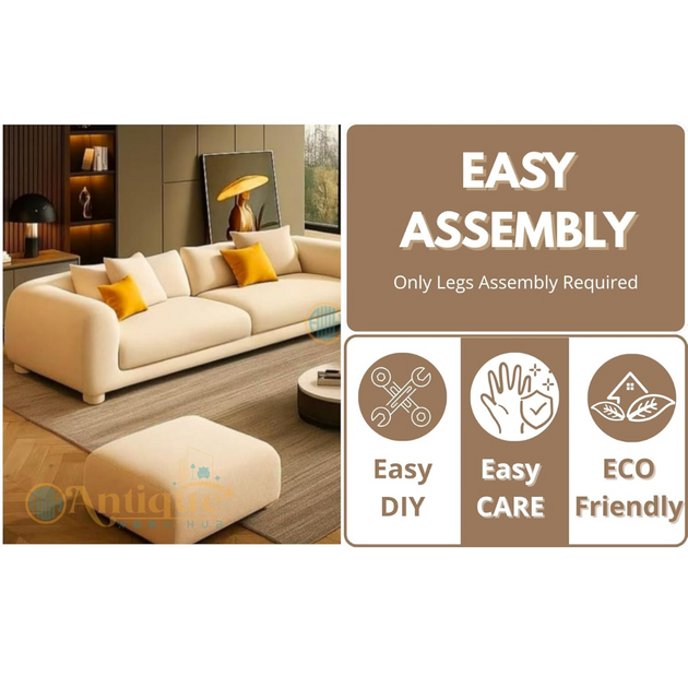 Beige sofa with ottoman in a living room setting, featuring 'Easy Assembly' and product features on a brown background.