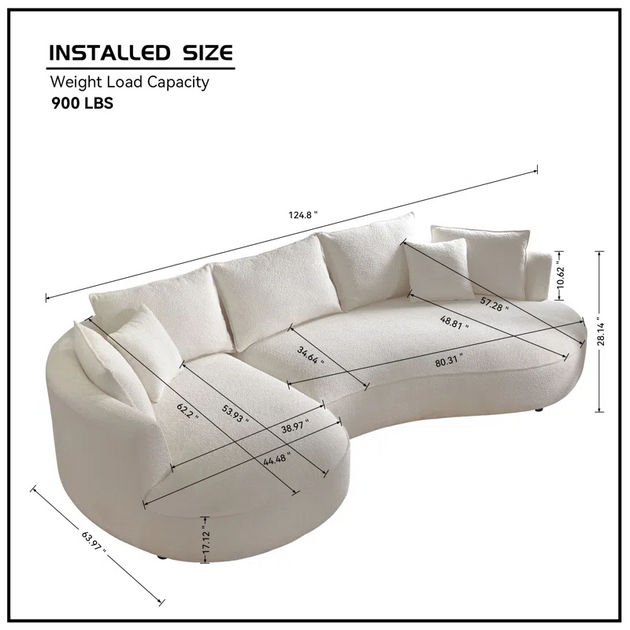 Technical drawing and dimensions for a large, curved, off-white sectional sofa with a weight load capacity of 900 lbs. Major dimensions include a total length of 124.8 inches and a total height of 28.14 inches