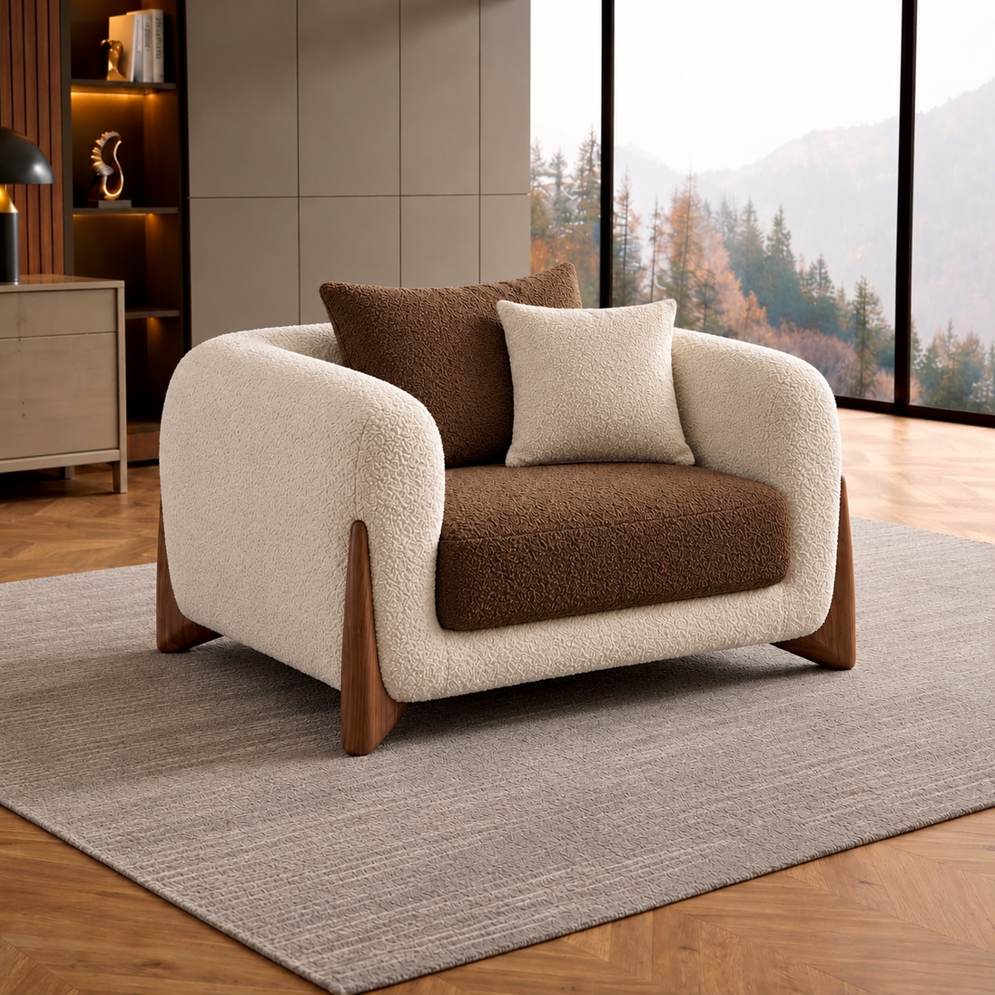 Antique Wood Hub Beige + Coffee Boucle - 1 Seater Sofa